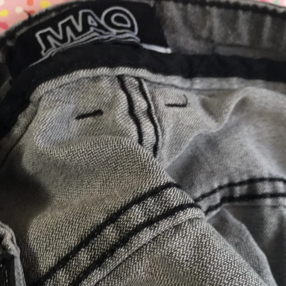 MAO Denim Factory Vintage Distressed Gray High Rise Moto Biker Jeans